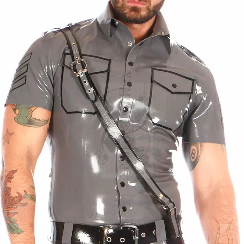 

Gray And Black Sexy Latex Military Unifrom Jacket With Buttons At Front Pockets Trims Turn Down Collar Rubber