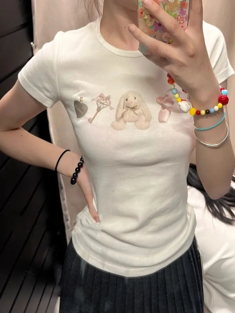 2025 الأبيض أرنب طباعة جولة الرقبة الكتف قصيرة الأكمام تي شيرت المرأة الصيف جديد الحلو سليم صالح التخسيس البنطال القصير #1