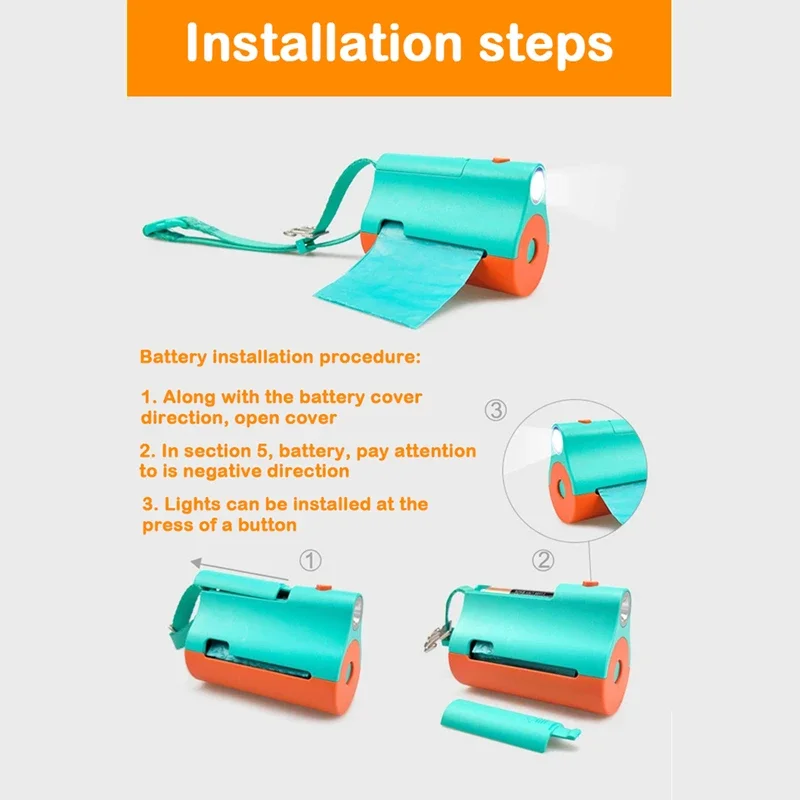 Portable Dog Poop Bag Dispenser with LED Flashlight Leash Clip Hands-Free Pet Waste Bags Holder with Strap Walking Dog Accessory