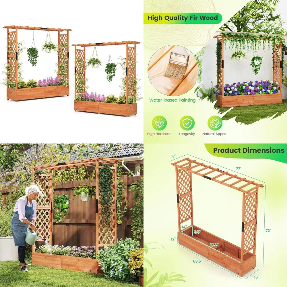 

Raised Garden Beds Set of 2 with Trellis, Hanging Roof, Wood Planter Boxes, Bottom and Drainage Holes, Freestanding Gardening Ki