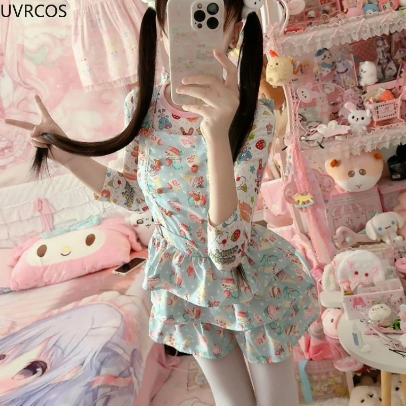 Kawaii Lolita Style Strap Dress Women Cute Print Bow Hooded Princess Ruffle Cake Dresses Japanese Fashion Sweet Party Mini Dress