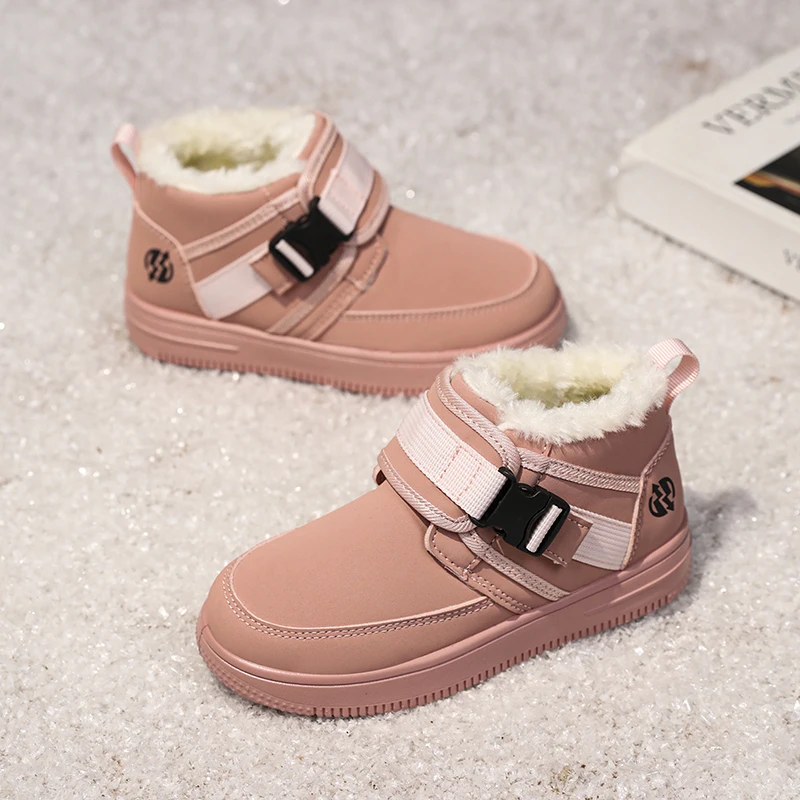 

Winter Plush Children's Snow Boots Buckle Pink Girl's Ankle Boots Outdoor Warm Velvet High Top Sneakers Boys Leather Furry Boot