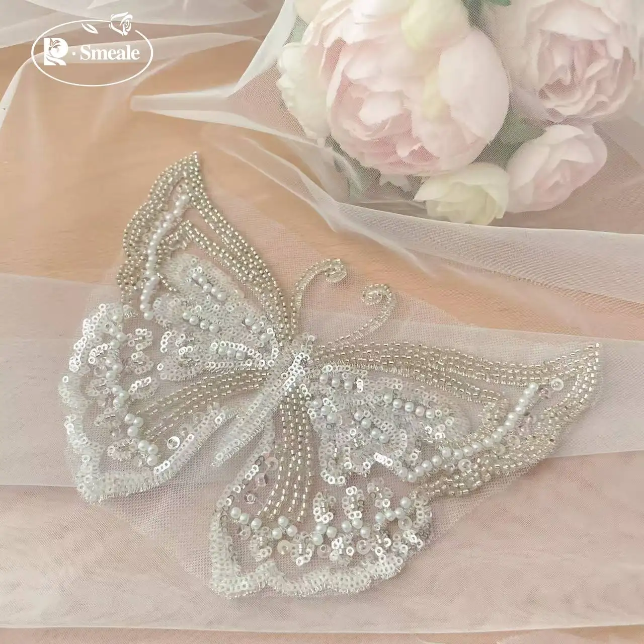 1 stücke. Kinder kleidung Schleier Hochzeits kleid Dekoration Schmetterling. Perlen Pailletten Perle handgemachten Schmuck. Spitzen blumenbeet