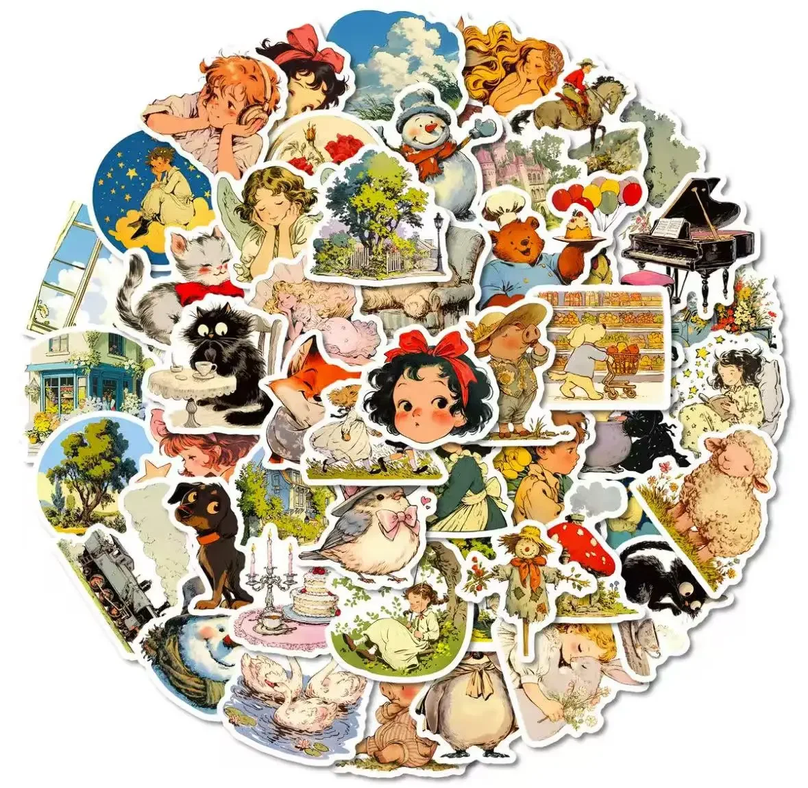 50 pastoral comic-style graffiti stickers, suitable for decorating notebooks, helmets, and as reward stickers for children.