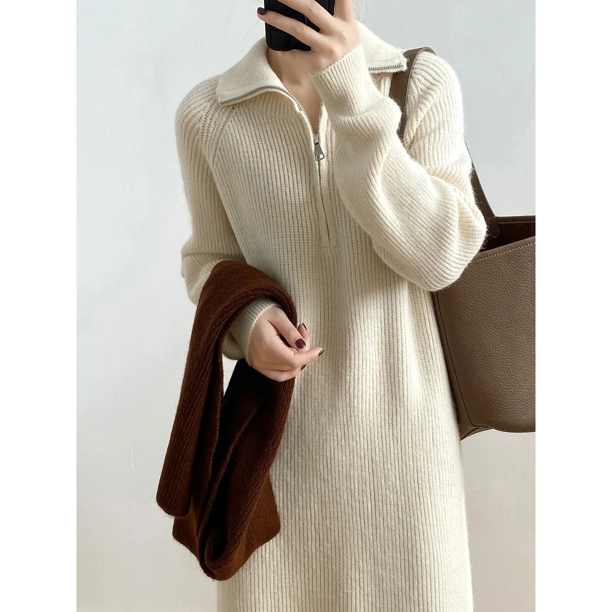 Casual Thicken Turtleneck Zippers Women Knitted Dress 2023 Autumn Winter Long Sleeve Female Sweater Dress