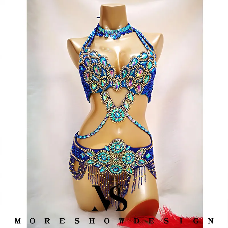 Belly Dance Performance Costumes Bra and Belt 2 Pieces Set for Women Handmade Sequins for Night Club Oriental Performance Props