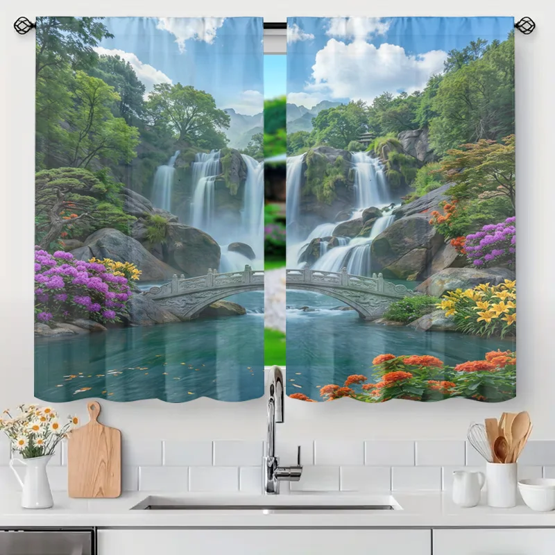 Decorative Waterfall Nature Curtain Sheer Window Shower Curtain Tropical Landscape Print Bathroom Kitchen Decor Realistic Scenic