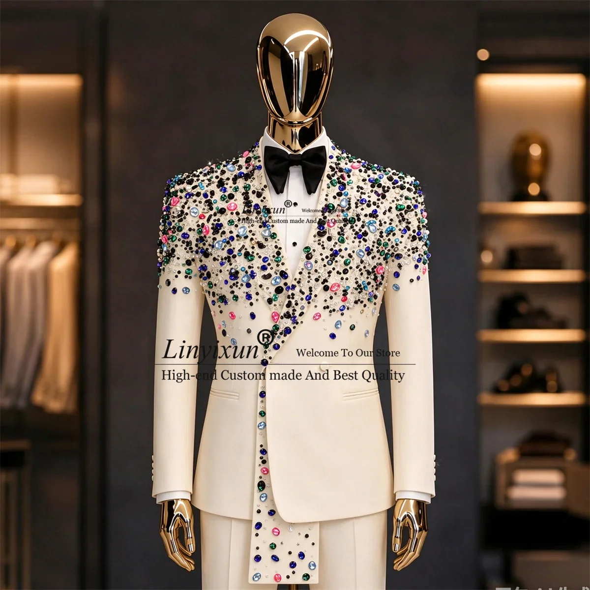Luxury Rhinestone Diamond Men Suit With Belts Customized Groom Party Male Blazers 2 Piece Sets Tuxedo Wedding Costume Homme