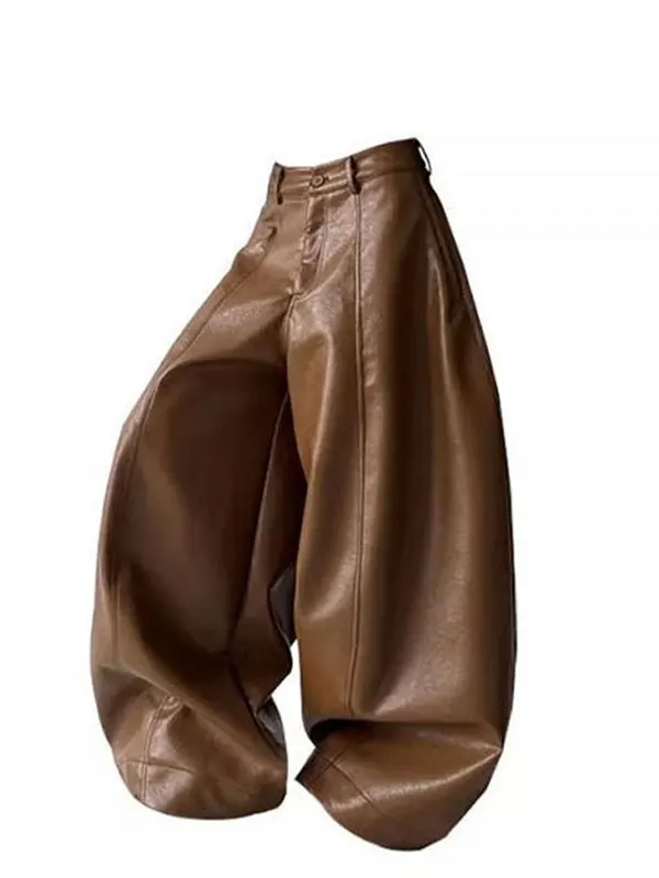 

Black Heavy-Duty Casual Pants Women's High Waist Wide Leg PU Leather Bend Knife Loose Fit Versatile Spring Autumn New Style