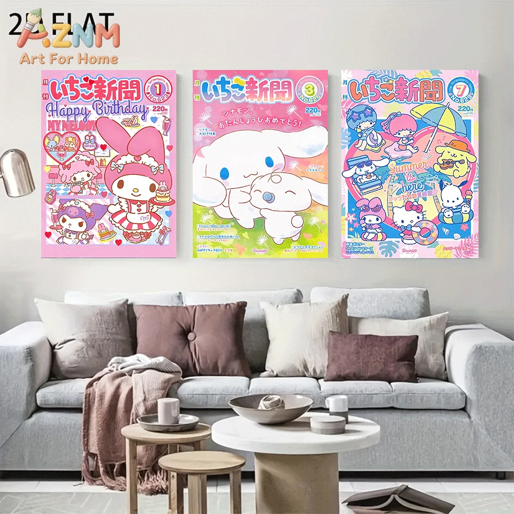 AZNM Sanrio Characters Canvas Wall Art Unframed Cute Cartoon Magazine Cover Birthday Summer Theme Print Painting Bedroom Home De
