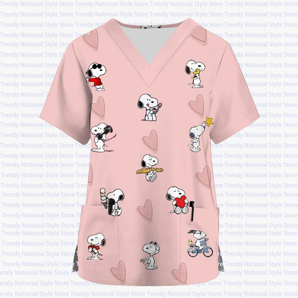 여성 간호 의류 만화 스누피 프린트 포켓 v 넥 탑 의료 유니폼 병원 간호사 미용실 수술 의류