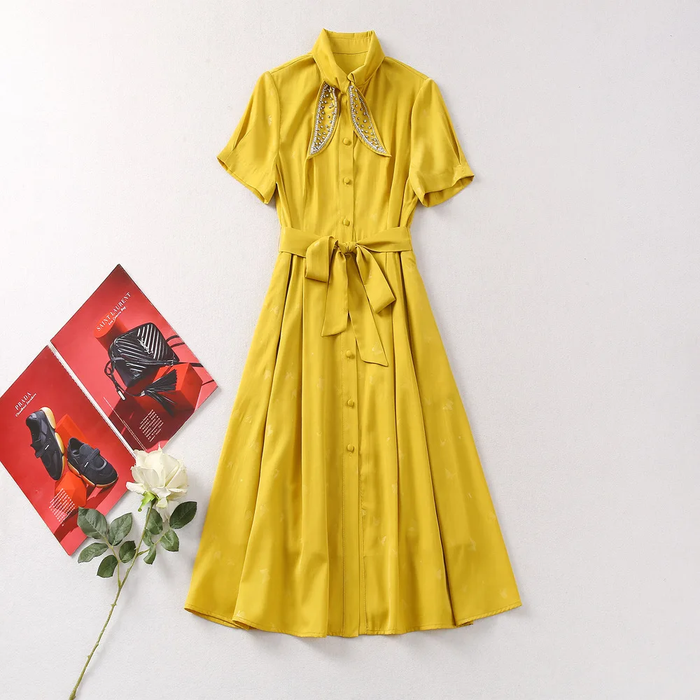 

European and American women's clothes 2024 spring new Nailed bead lapel Short sleeve yellow Fashion pleated dress XXL