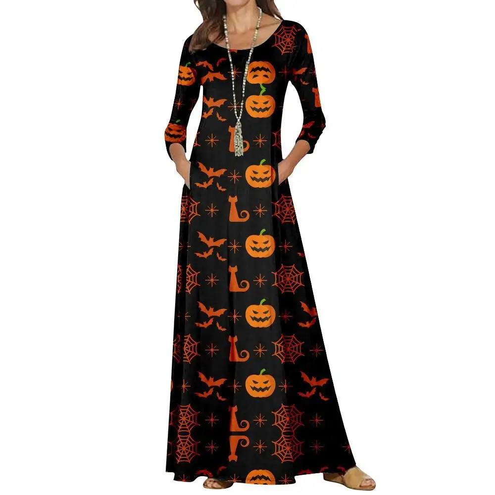 

Women Vintage Fashion Halloween Black Print Pullover Party Dress Casual Long Sleeve Floor-length A-line Dress Spring Autumn