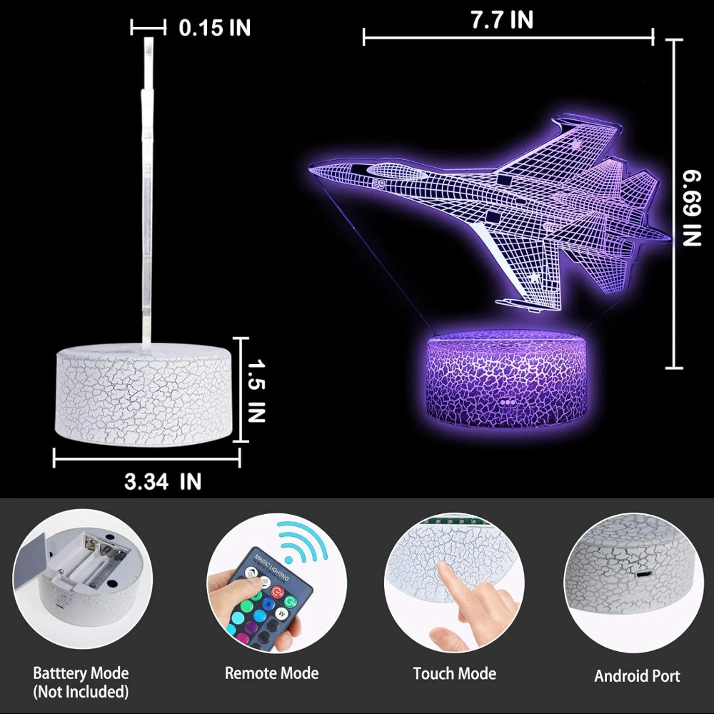 Fighter Jet Plane 3D Illusion Lamp Airplane Bedroom Decor Night Light Birthday Party Christmas New Year Gifts for Men Kids Boys