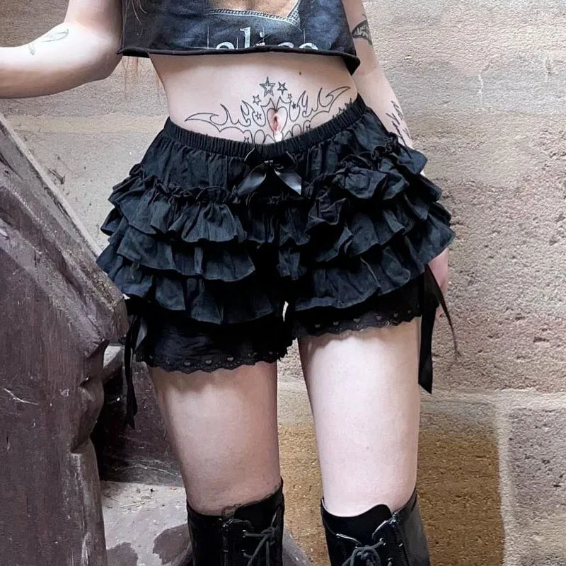 Gotik Lolita dantel şort kadınlar siyah estetik sevimli tatlı yay fırfırlı çamaşır şort Y2k e-kız Kawaii fırfırlı külot