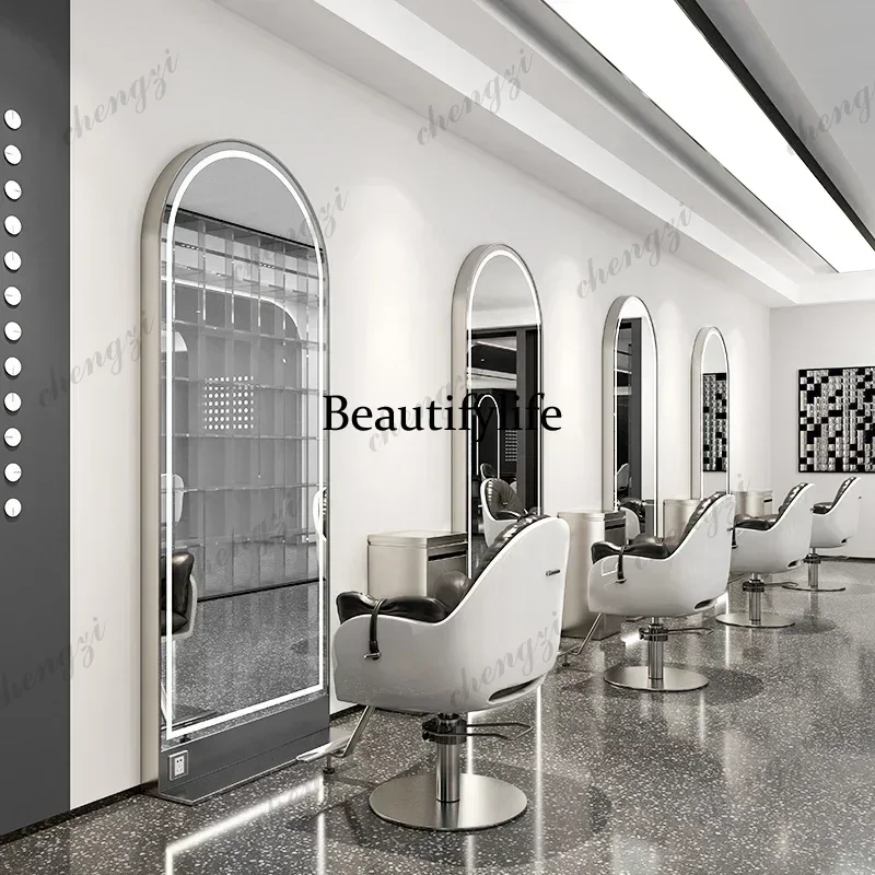 Hair Salon Double-Sided Hair Cutting Mirror For Hair Salon With Light Floor Dressing Table