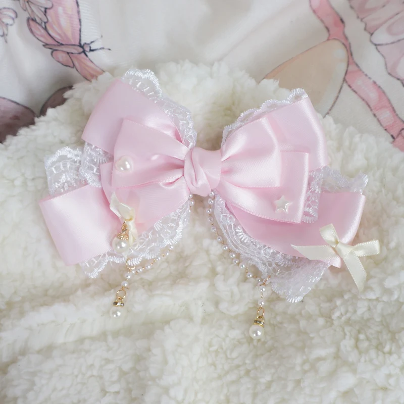 Tocado de Lolita con lazo de encaje grande, rosa perla, KC, bonito tocado de princesa, pinza para el pelo de lolita, accesorios de lolita