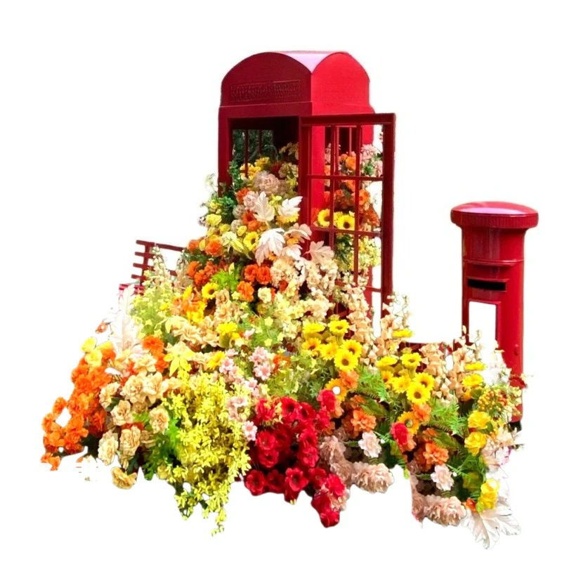 

Vintage, phone booth, waterfall flower, landscaping, outdoor, scene, arrangement, mailbox, decoration