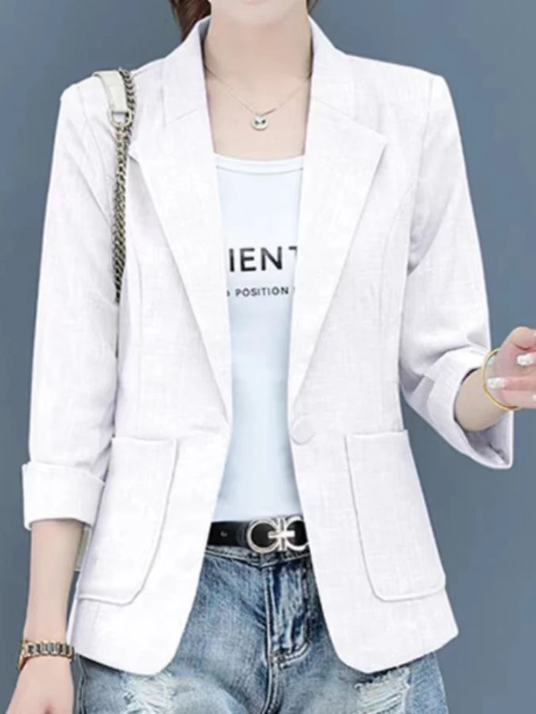 Women Cotton Linen Small Blazer 2026 New Summer Short Suit Jacket Korean Casual Summer Sun Protection Clothing Large Size S-5XL