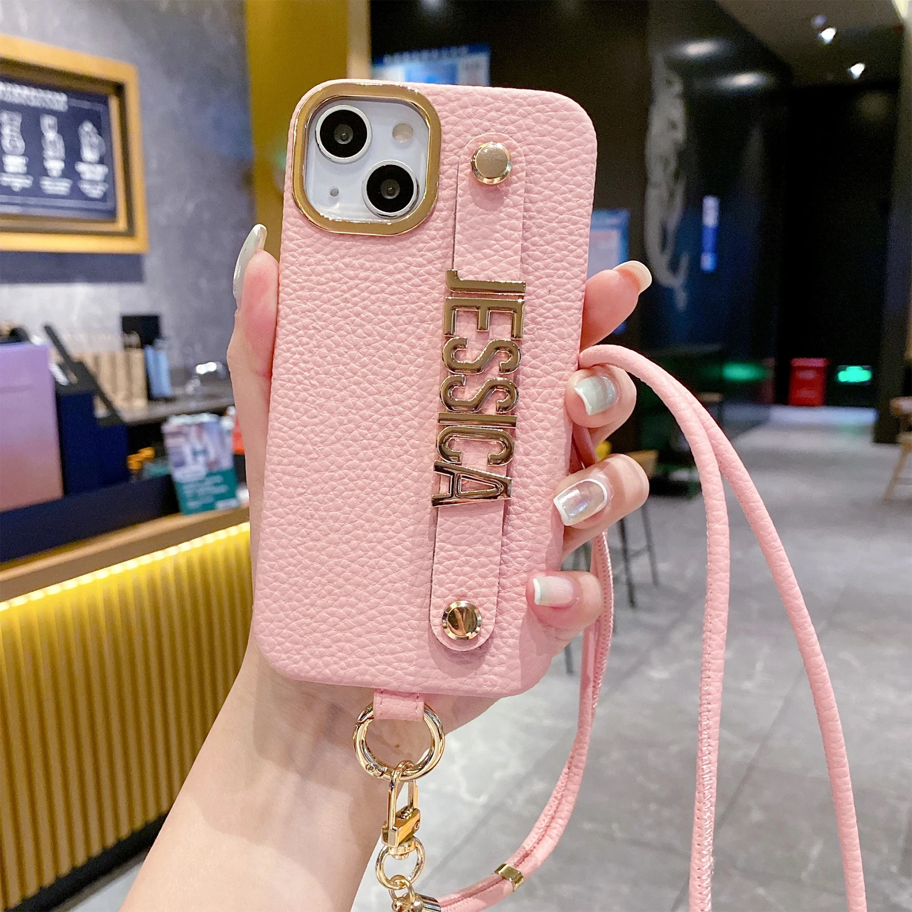 Customized Phone Case with Letters DIY Own Name Pebbled Leather Crossbody Lanyard iPhone 14Pro Max Plus