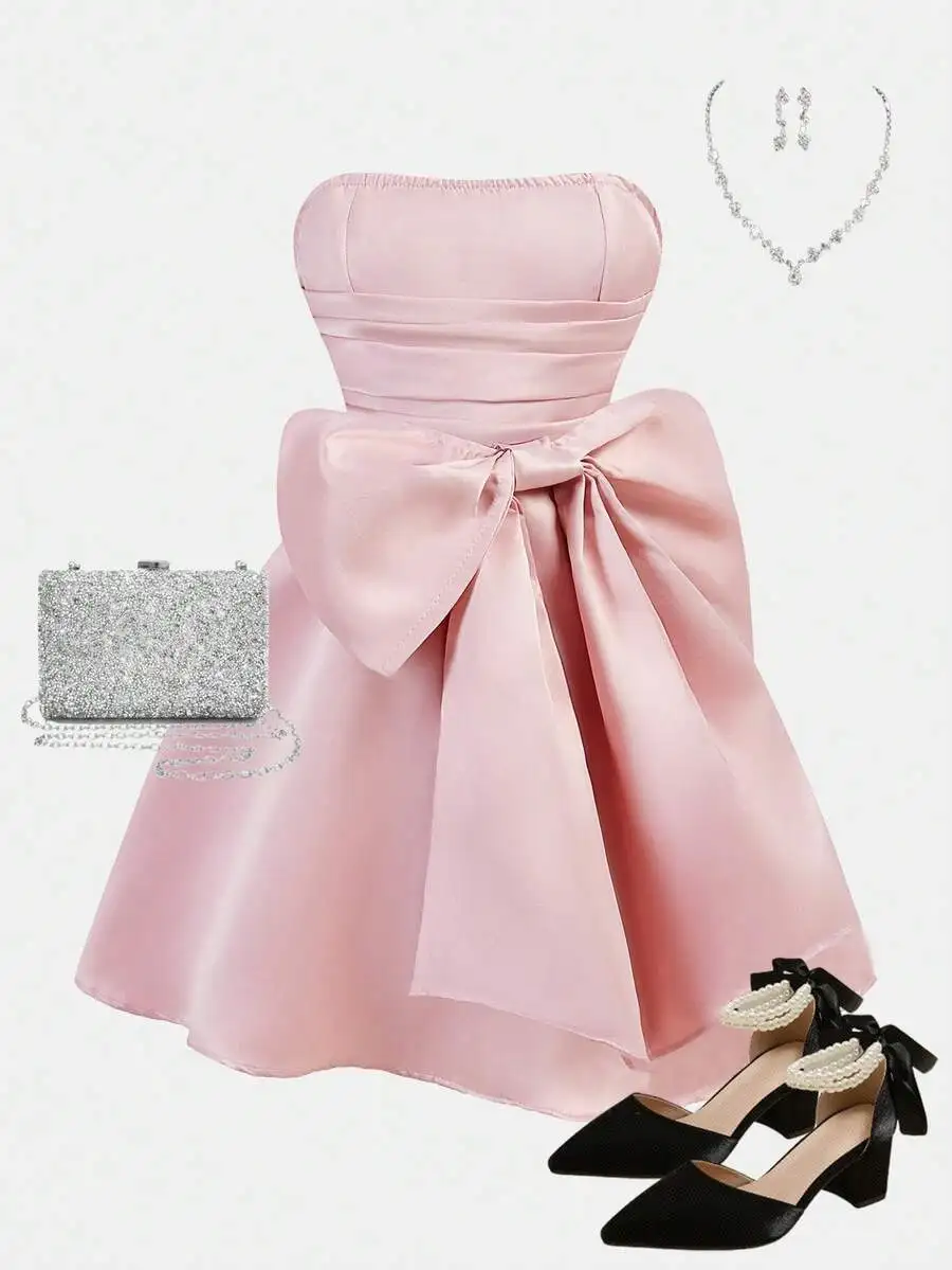 

Pink Satin Strapless Dress With Oversized Bow Waist Princess Style Evening Party Dress