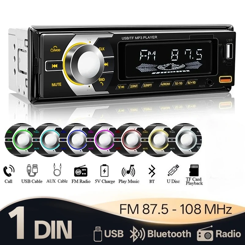 

Автомобильная магнитола 1 DIN, аудиоплеер MP3, Bluetooth, мультимедийная цифровая стереосистема для автомобиля, универсальная, цветная, с AUX-входом и USB.