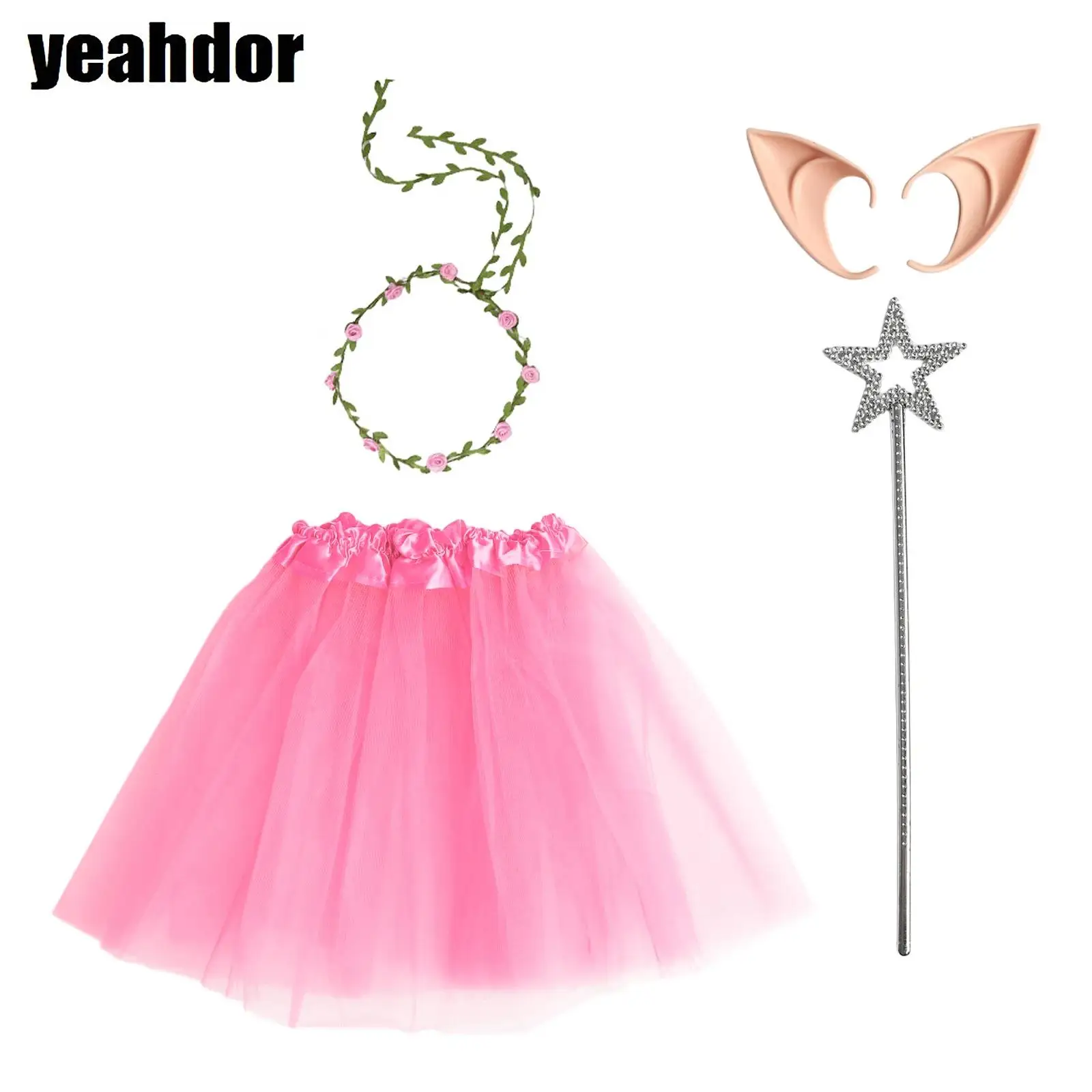 4pcs Girl Halloween Fairytale Dress Up Performance RolePlay Fairy Costumes Mesh Skirt Fairy Stick Garland And Elf Ears Fairy Set