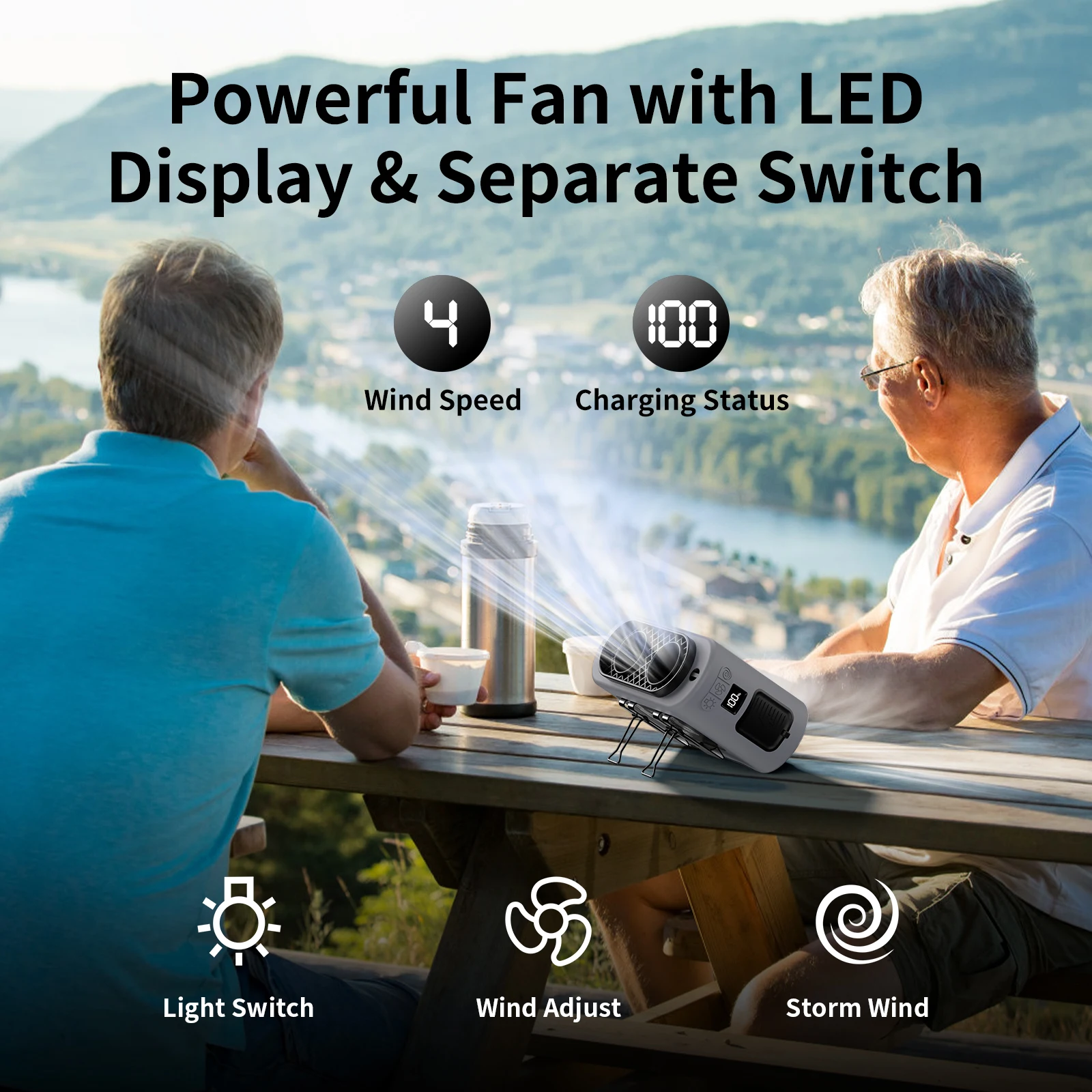 ترقيات جديدة لعام 2025 مروحة خصر محمولة خارجية معلقة على الرقبة 5 مستويات بنك طاقة الرياح القوي مع إضاءة LED لرياضات السفر