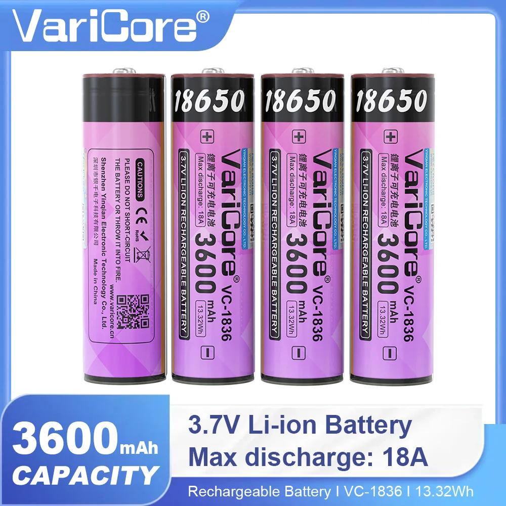 VariCore VC-1836 3.7V 18650 Batería recargable de iones de litio 3600mAh Alta capacidad 18A Descarga con protección PCB