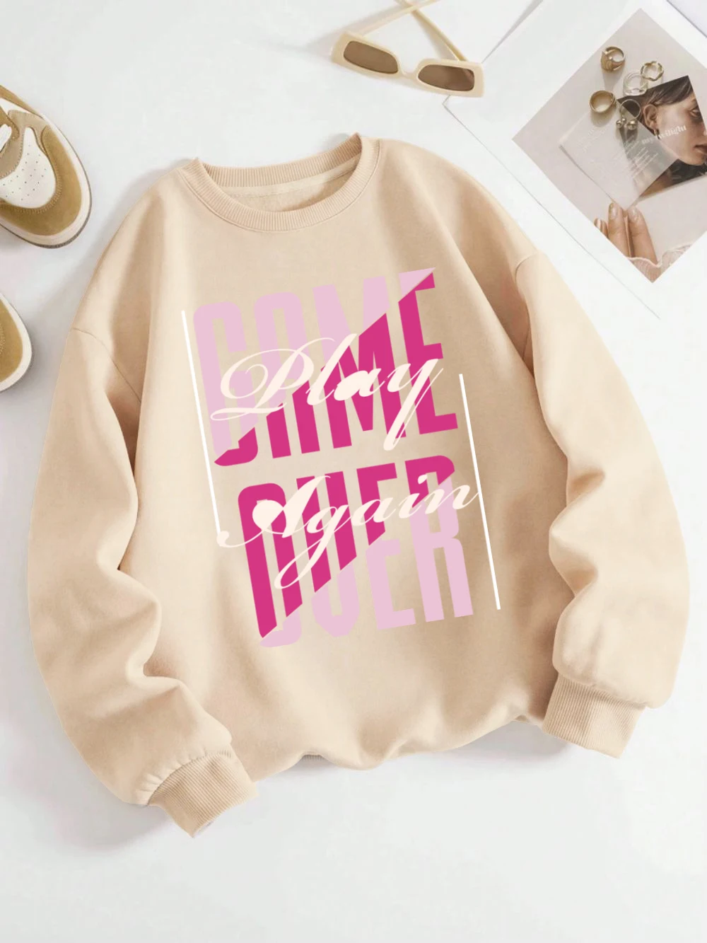 Game Over Play Again Sweatshirt Women Letter Prints Hoodies Crewneck Loose Fleece Warm Tops Fashion Comfortable Woman Clothes