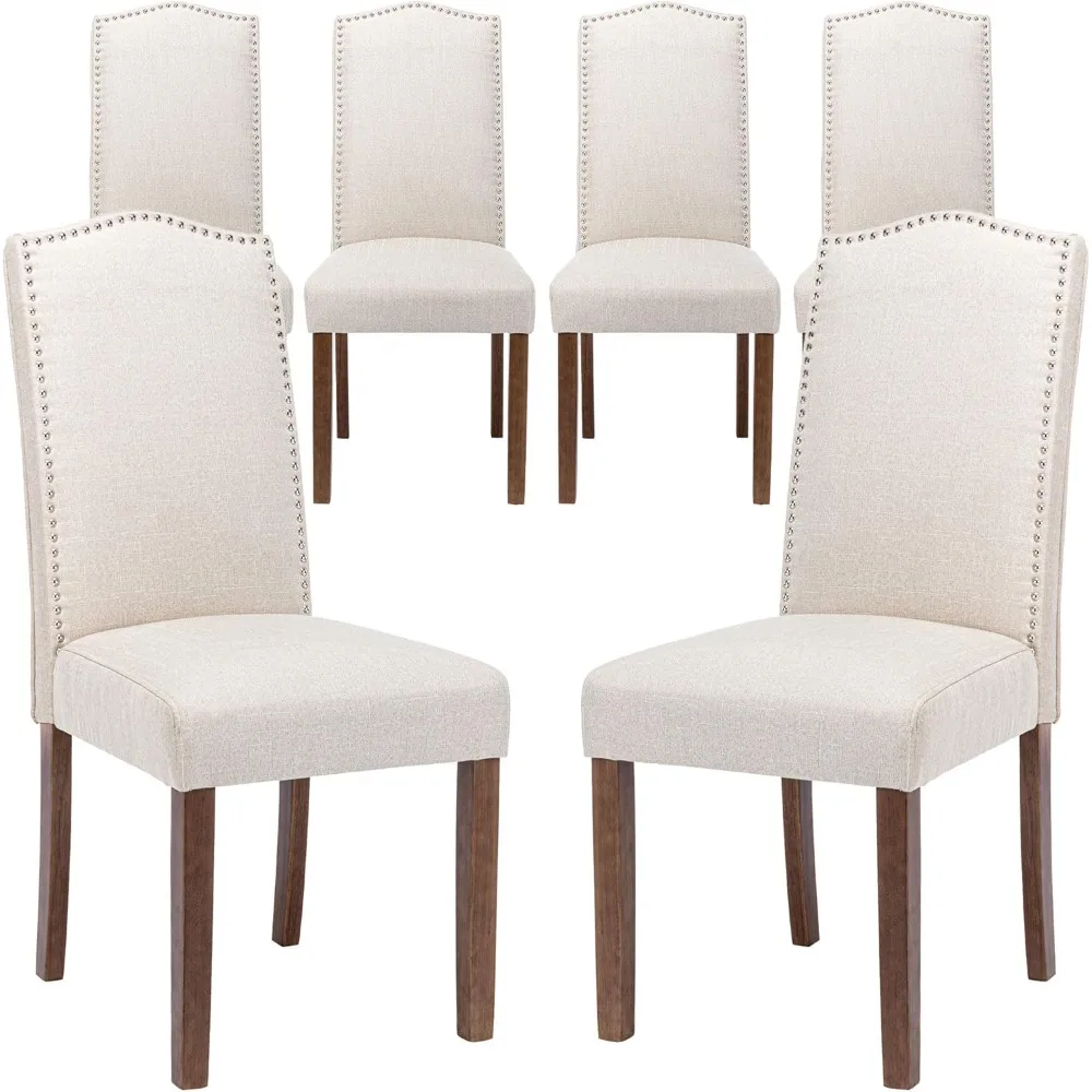 Stylish Upholstered Parsons Dining Chair with Nailhead Trim and Sturdy Solid Wood Legs  Beige