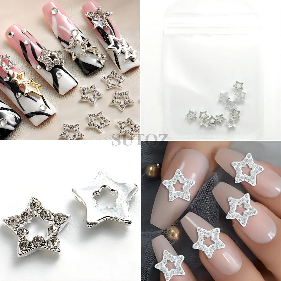 3D Star Rhinestones Nail Charms Y2K Accessories for Acrylic Nails 10Pcs Silver Star Gems Nail Art Decor 3D Nail Supplies LEWEX01