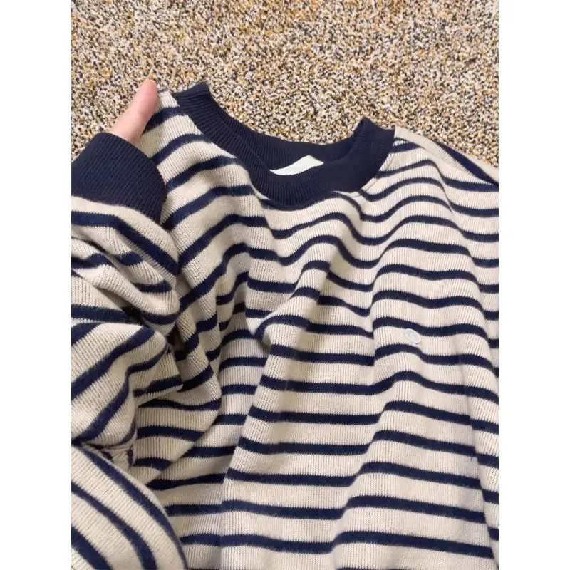 Spring Autumn Striped Crew Neck Long Sleeve Sweatshirt Women's Loose Casual