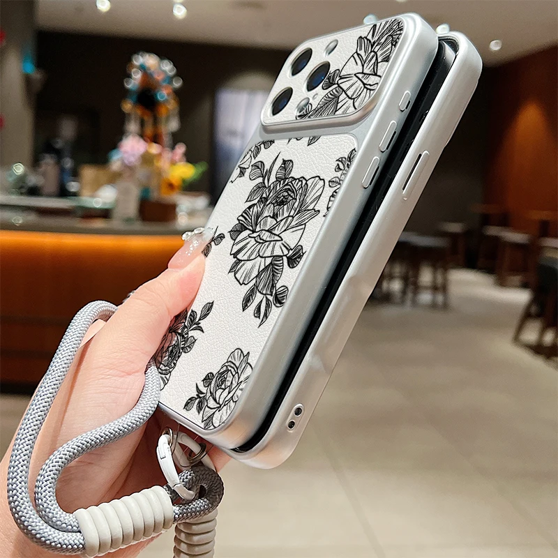Matte Leather Texture Phone Case For iPhone 17 16 15 14 13 Pro Max Black Flower Pattern Wrist Strap Lanyard Soft TPU Back Cover view 6