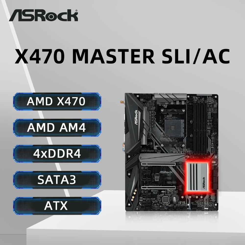 Tarjeta Madre ASRock X470 MASTER SLI/AC Compatible con CPU 2600 5600 5600G 5600X 5700X3D 5800X3D 5800X, 4xDDR4, M.2, AMD X470, ATX