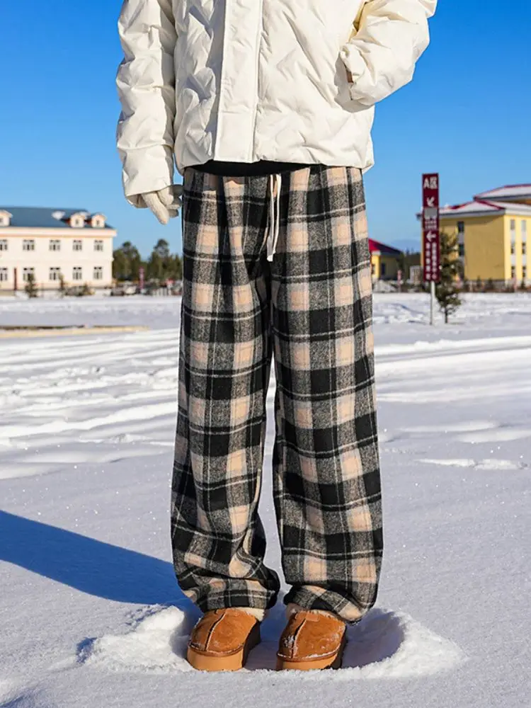

Men's Fce Lined Winter Thi Warm Casual Pants Drapey Wide Leg American Retro Plaid High End Feeling Straight Leg Trousers