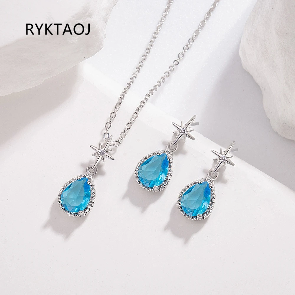 925 Sterling Silver Teardrop Blue CZ Jewelry Set for Women North Star Pendant Necklace Dangle Earrings 2Pcs Wedding Jewelry Gift