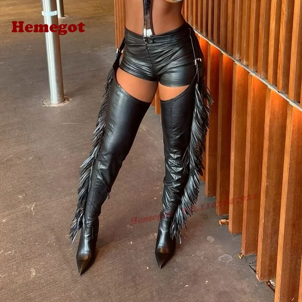 Pointy Toe Stiletto Heels Fringe Zip Thigh High Boots Side Tassel Belt-Buckled Long Boots Black Pants Boots Winter Runway Shoes