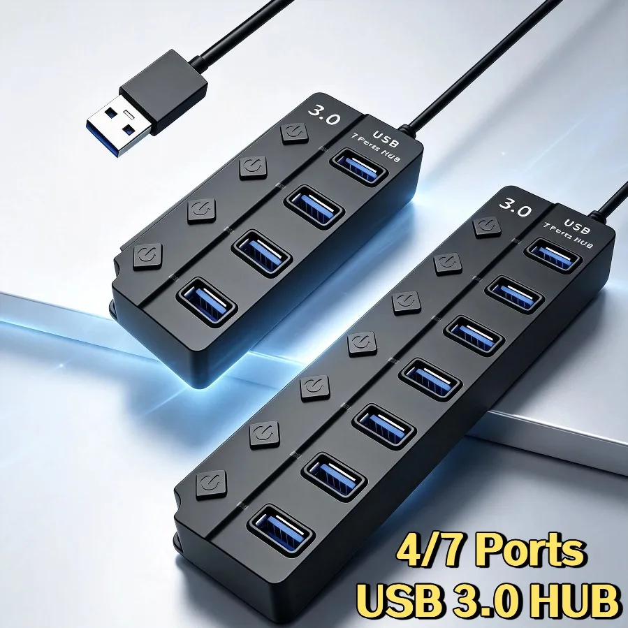 USB3.0 HUB Adapter 4/7 Ports USB2.0 High Speed Splitter Expander with 5C 2A Power Adapter Plug and Play Docking Stations for PC