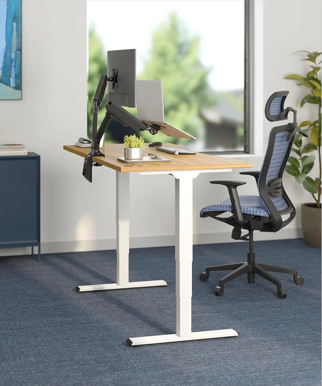 Bamboo 3 Stages Dual Motor Electric Standing Desk 55x28 Inch Bamboo Contour Whole-Piece Board Height Adjustable