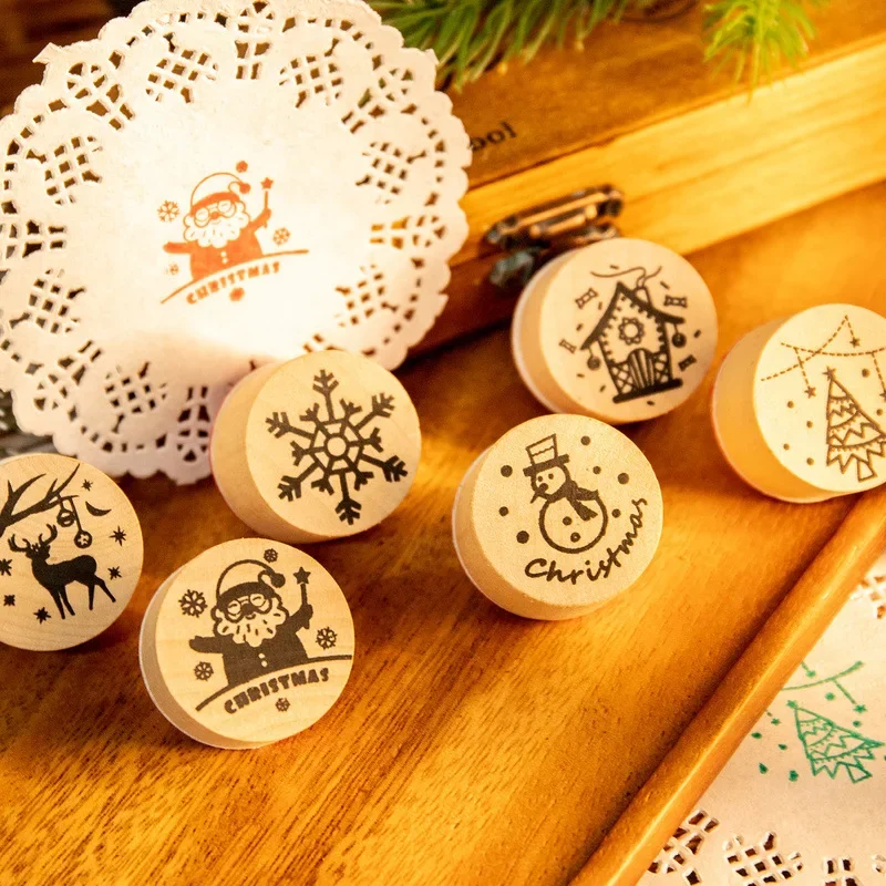 6Pcs Inkpad Handmade DIY Christmas Theme Wood Stamp Ink Pad Scrapbooking Greeting Card Finger Painting Hand Account Seal Decor