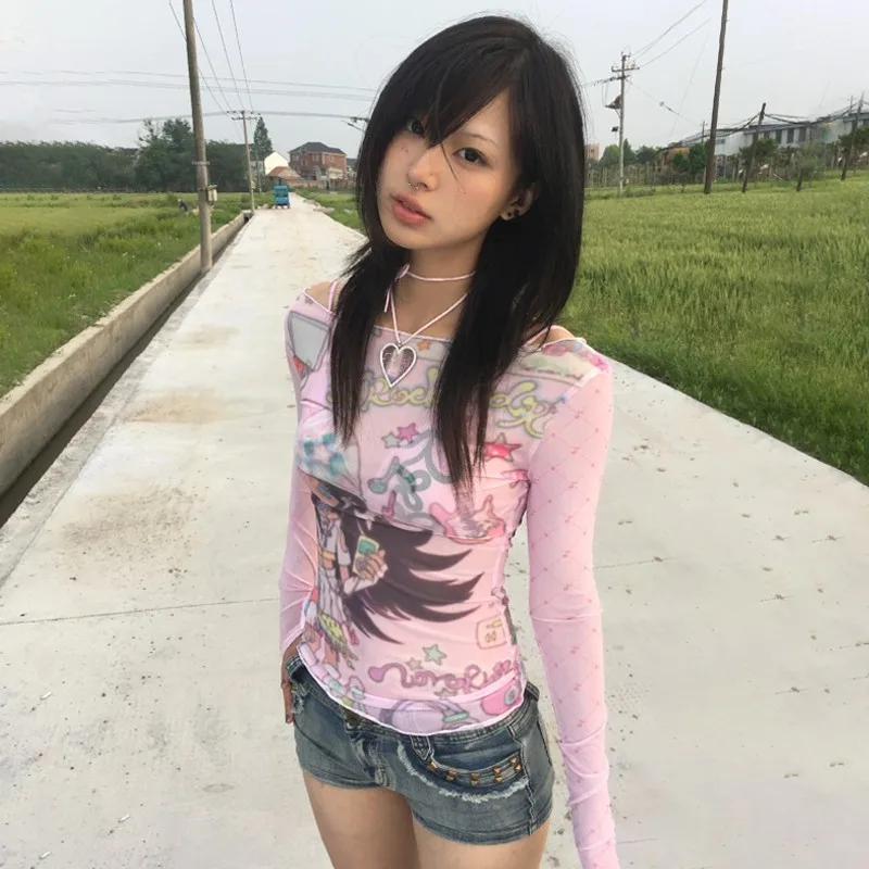 Karrram Japanese Y2k Anime Print Mesh Tops 2000s Aesthetics Pink Sheer Top Vintage Harajuku Kawaii See Through T-shirt Lolita