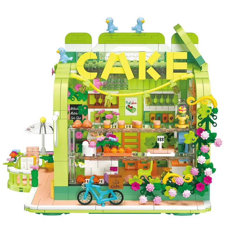 Creative Spring Cake Shop Building BRICK Architecture City Street View Bakery Mini Block Model Figures Toys With Light For Gifts