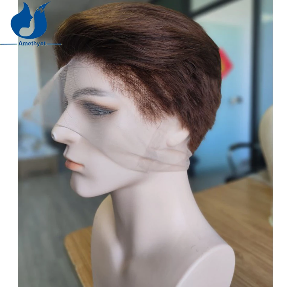 Amethyst Brown Straight Men's Boy Cut Wig Shaved Remy Human Hair Short Pixie Cut Bob Full Lace Wig Pre Plucked Bleached for Male