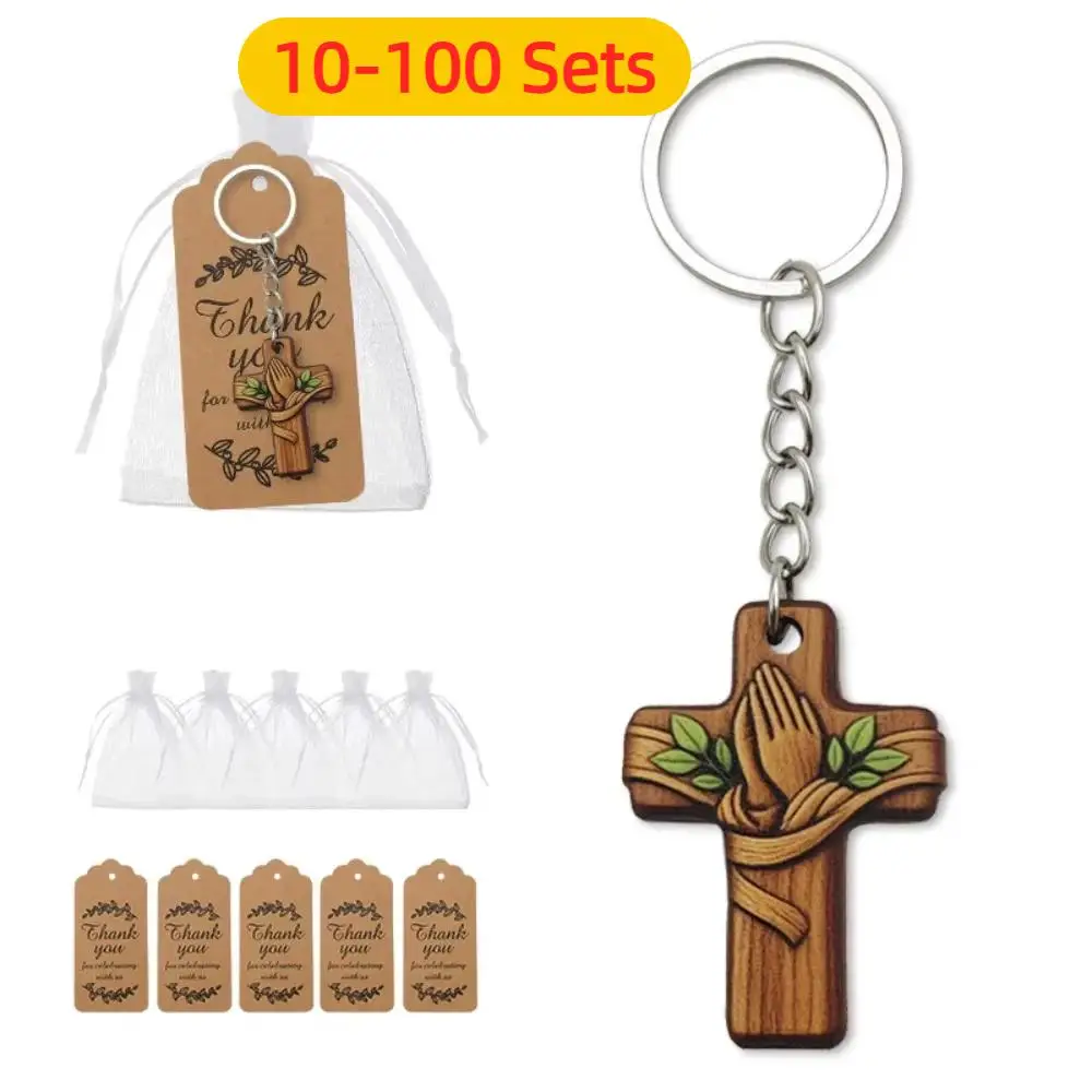 10-100 ensembles de porte-clés mains en prière avec croix, carte et sac en gaze, cadeaux de mariage pour invités, cadeau religieux pour amis