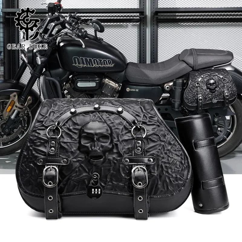

Alforjas de Motocicleta con Relieve de Calavera 3D y Cerradura con Contraseña, Alforjas Universales para Harley Honda Yamaha Cru