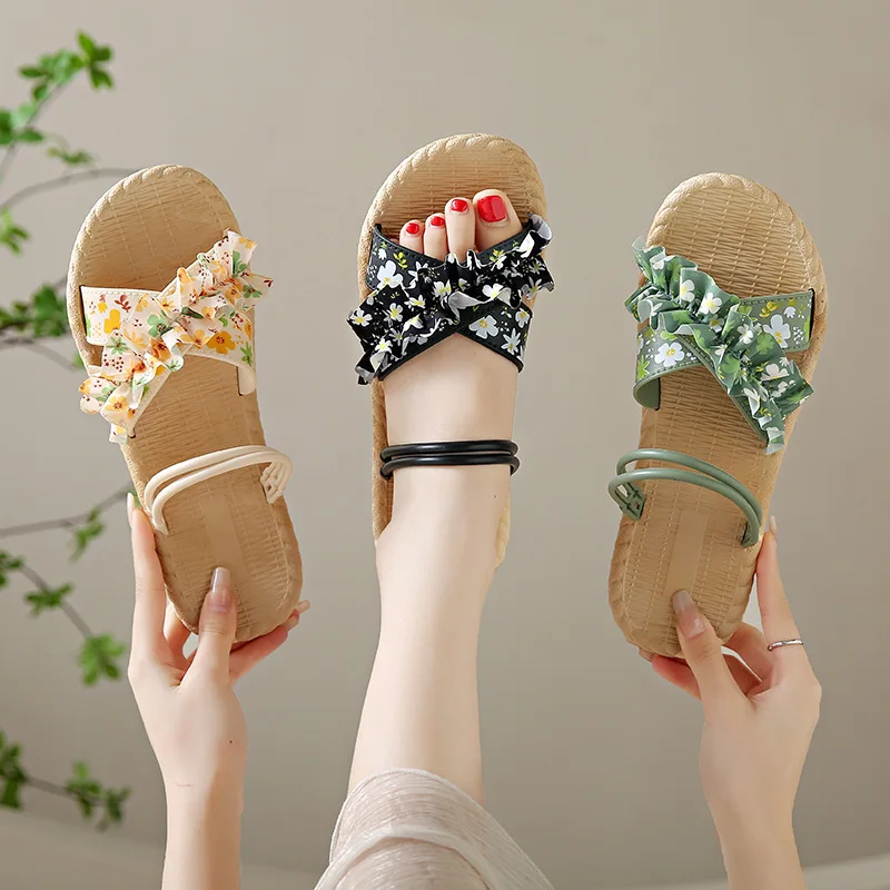 

2026 Summer Floral Print Two Way Wear Flat Sandals For Women Cute Ruffle Bow Slip Beach Slippers Casual Student Open Toe Shoes