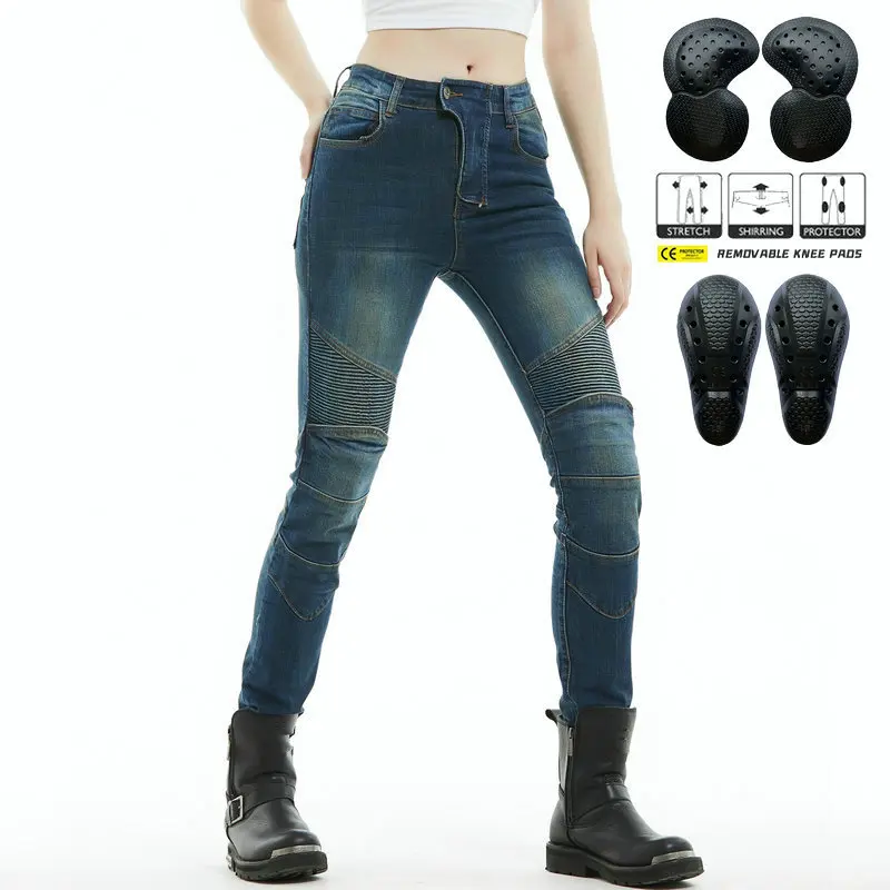 

Women Retro Washed Motorcycle Jeans Stretch Biker Riding Pants Female Knight Casual Anti-fall Protective Trousers