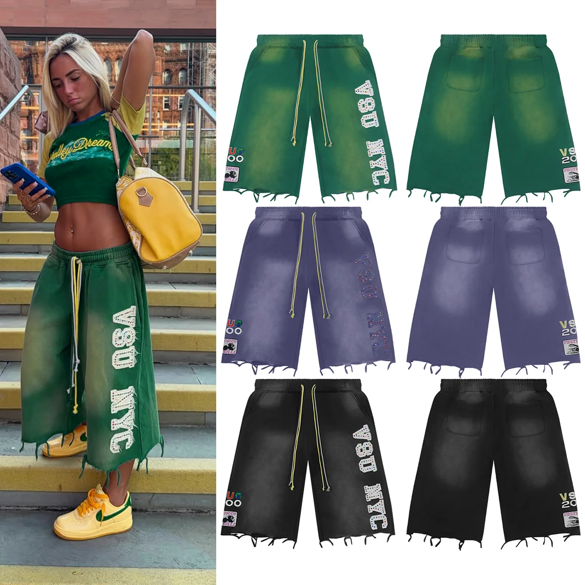 Shinning Diamond Letter Embroidery Casual Shorts for Men and Women Washed Vintage Baggy Rhinestone Baggy Five Point Pants