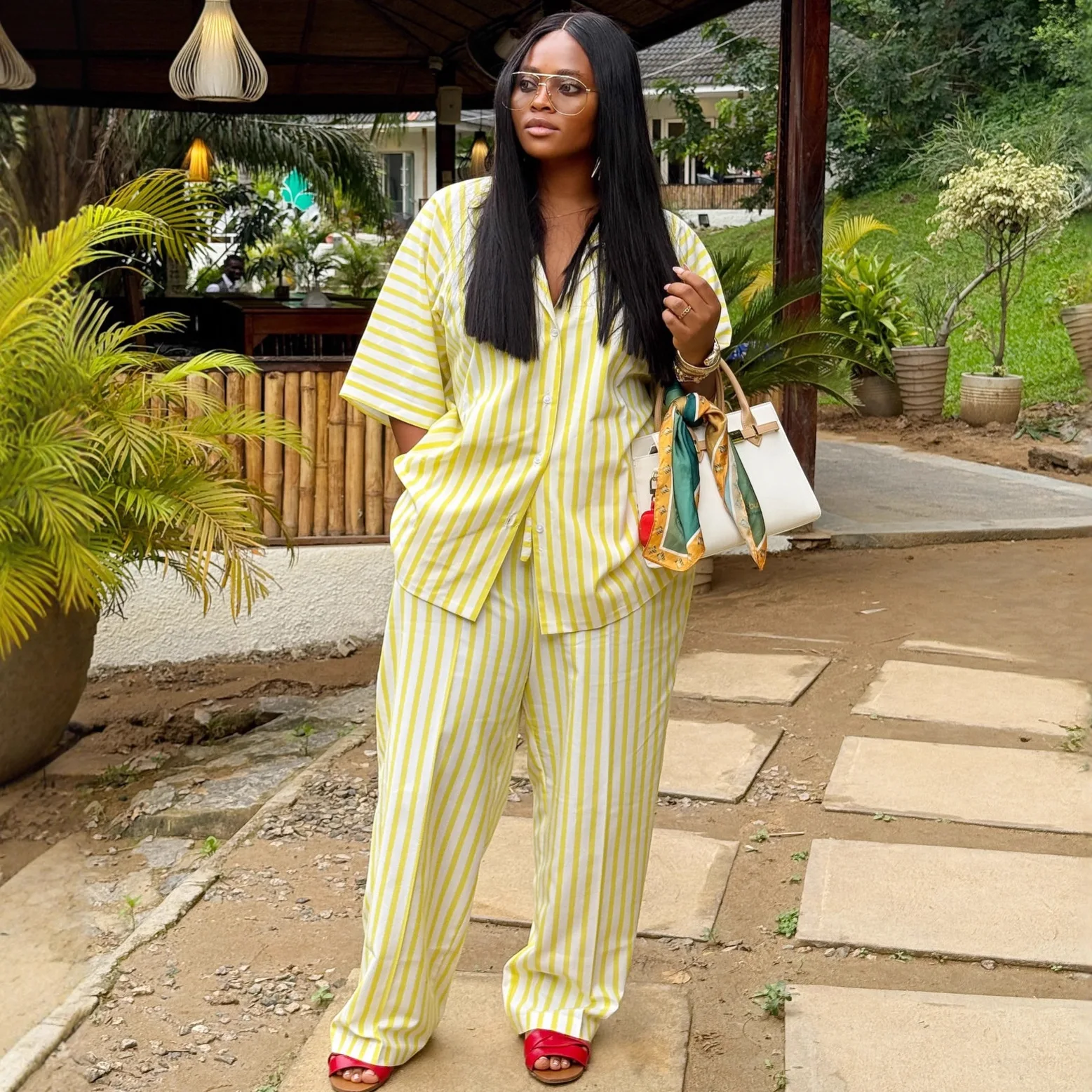 

Women Two Pieces Pant Sets Striped Matching Sets Button Short Sleeves Turn Down Collar Top Elastic Waist Pants Loose 2025 Summer